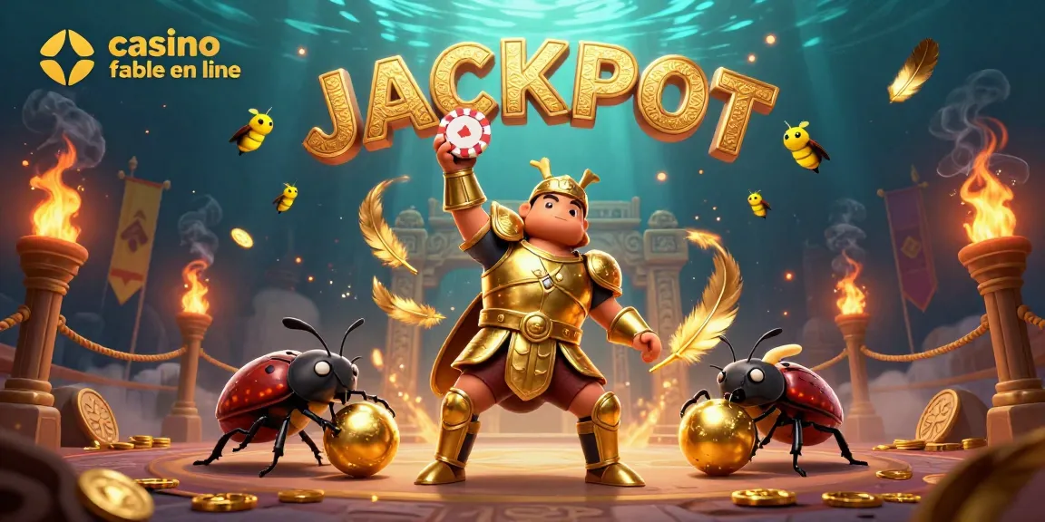 Visuel dynamique illustrant un casino fiable en ligne avec un scarabée héros célébrant un jackpot.
