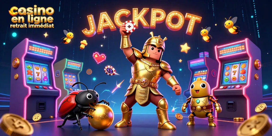 Casino en ligne retrait immédiat : Illustration dynamique d'un scarabée en armure dorée célébrant un jackpot.