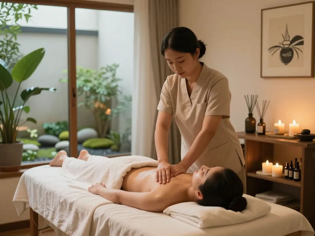 Swedish massage experience at https://www.makangs.com/, featuring relaxing therapy room with plants and warm lighting.