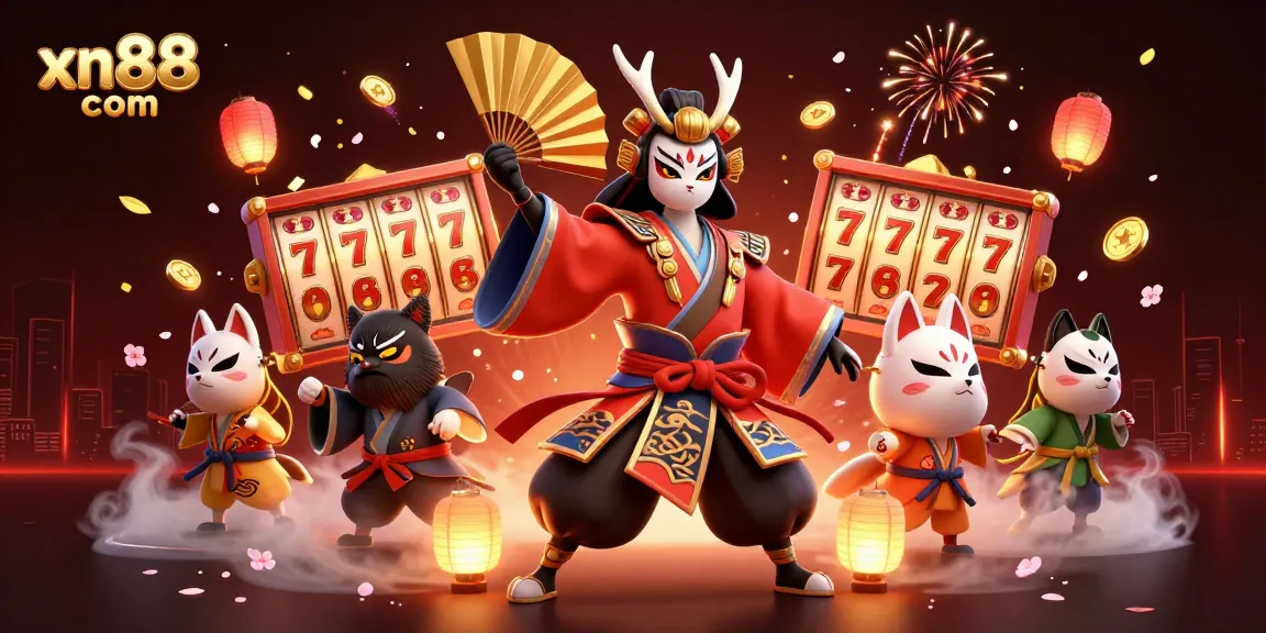 Experience thrilling gameplay at xn88 com with a captivating kabuki warrior surrounded by slot reels and golden coins.