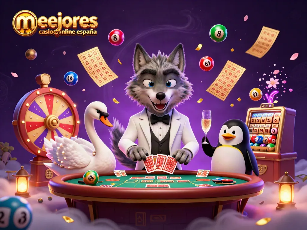 Los mejores casinos online en España: disfruta de una animada escena de casino con un lobo elegante y un elegante cisne.