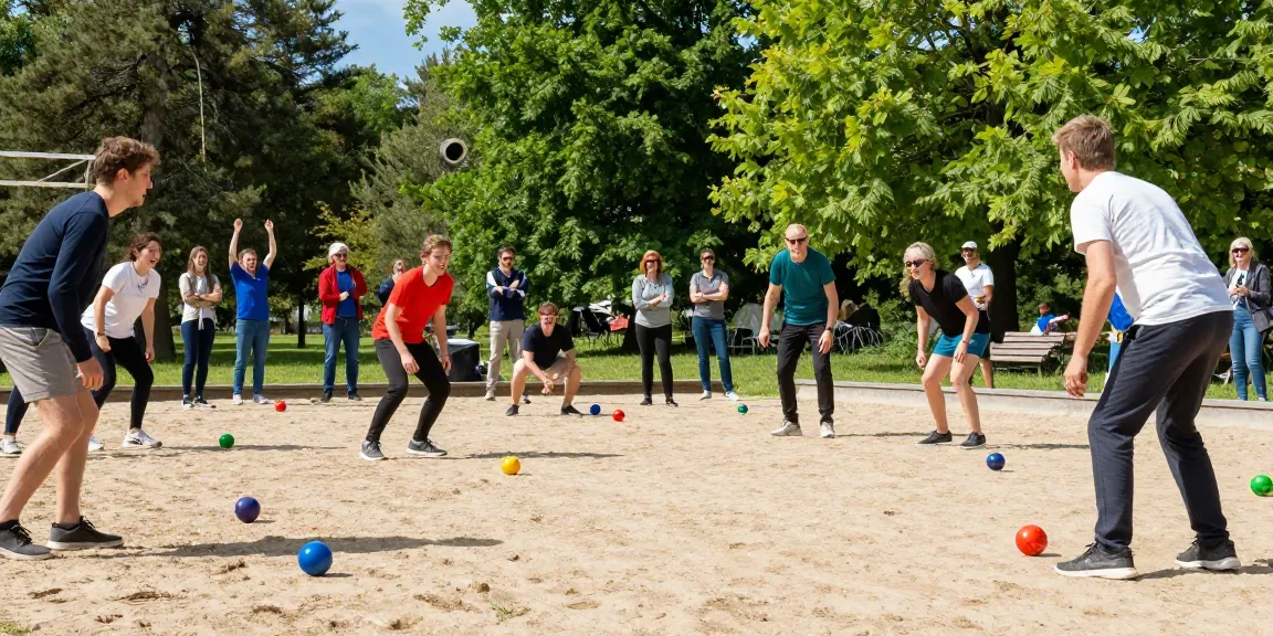 Aktivitas permainan petanque di fopikotapontiana.org dengan pemain beragam usia di taman yang cerah.