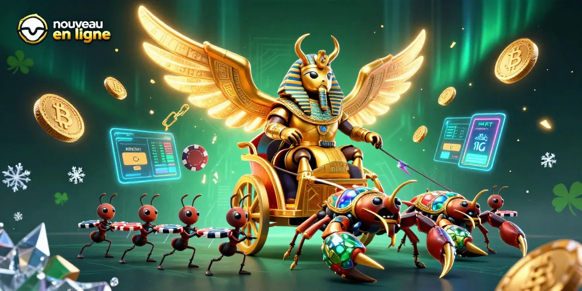 Illustration 3D d'un nouveau casino en ligne avec un scarabée en armure et des scorpions, le tout entouré de symboles de crypto-monnaie.