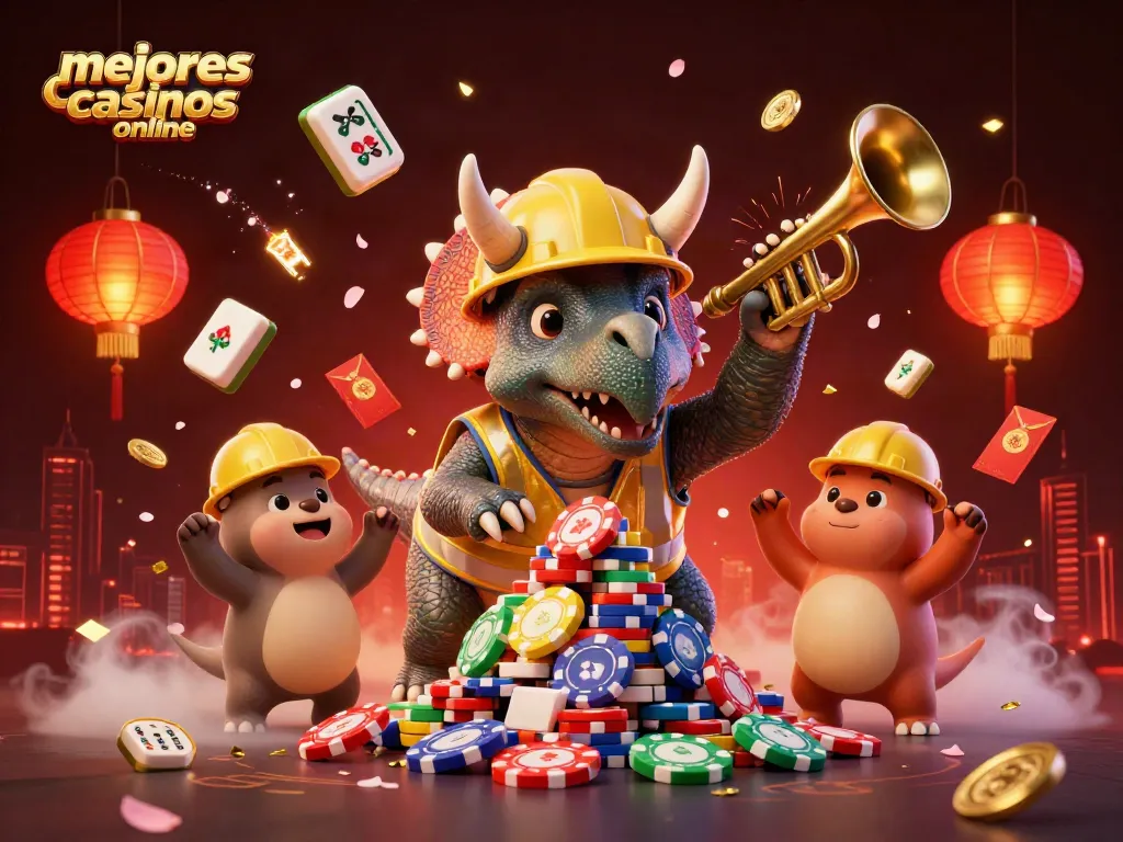 Los mejores casinos online con un triceratops construyendo un montón de fichas de póker.
