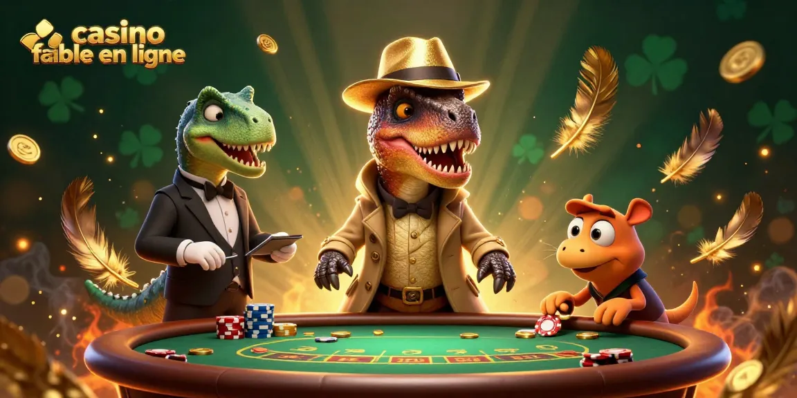 Les personnages animés dans un casino fiable en ligne, avec un vélociraptor au blackjack et un vol de jetons.