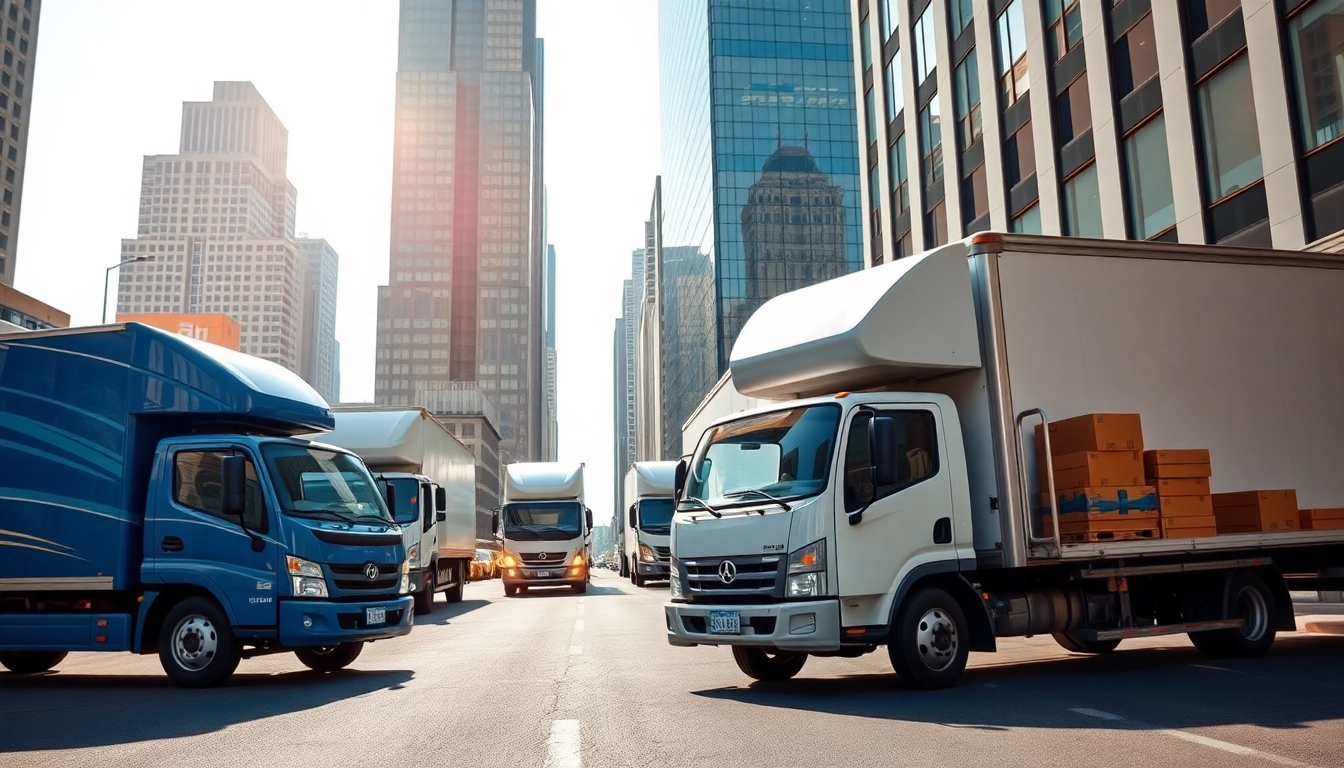 Moving company near me trucks ready for service in a busy urban setting.