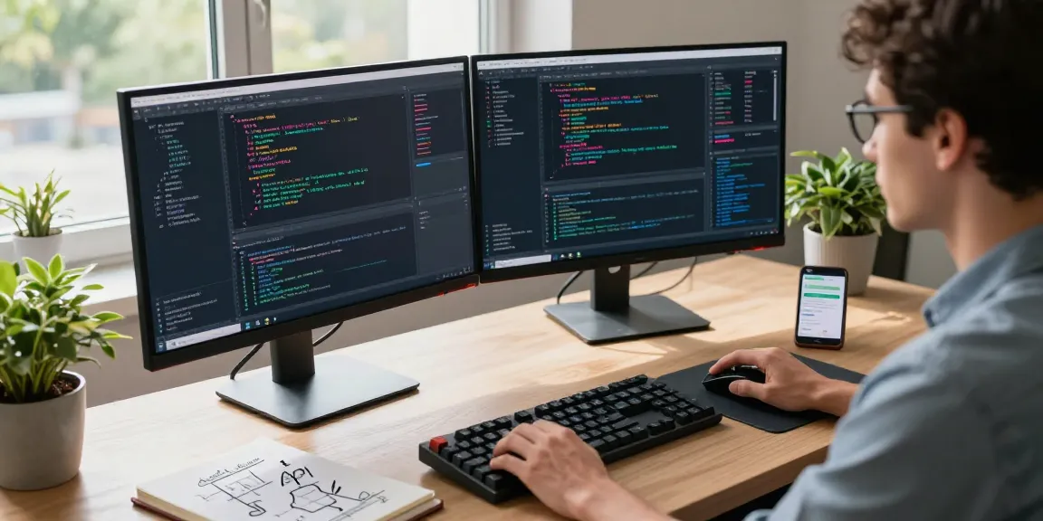 实时外汇WebSocket推送接口的开发者在现代工作空间中专注编程，桌面上显示市场数据和编程代码，富有活力的氛围。