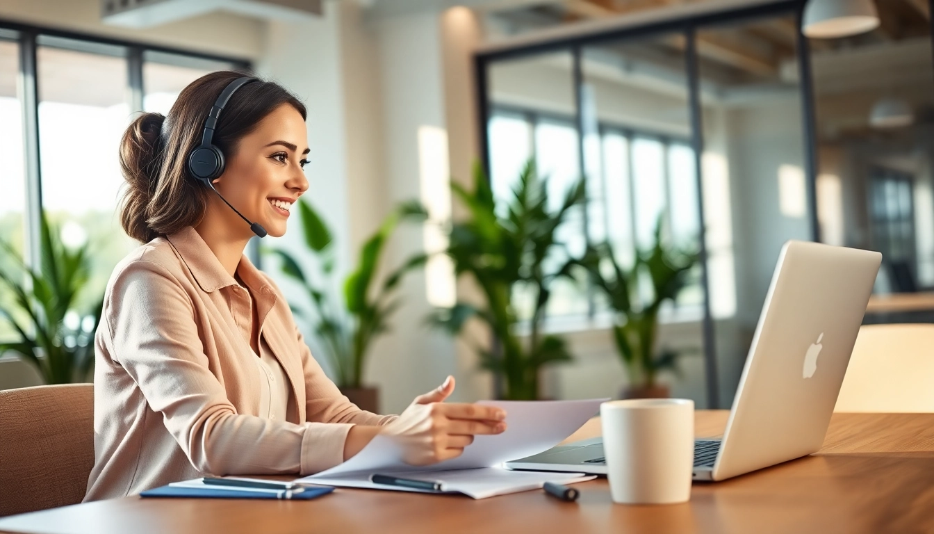 Engaging customer service representative offering an online warranty quote with a friendly demeanor.