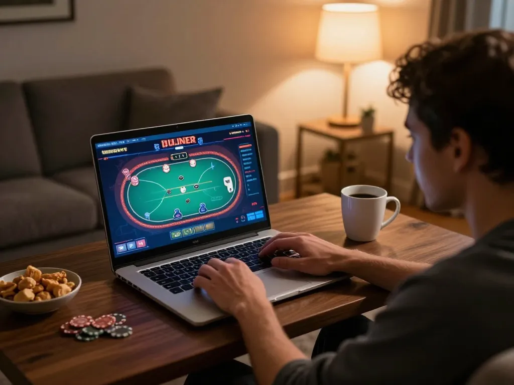 Engaged player using GG88 Link to win big in online casino gaming from home.