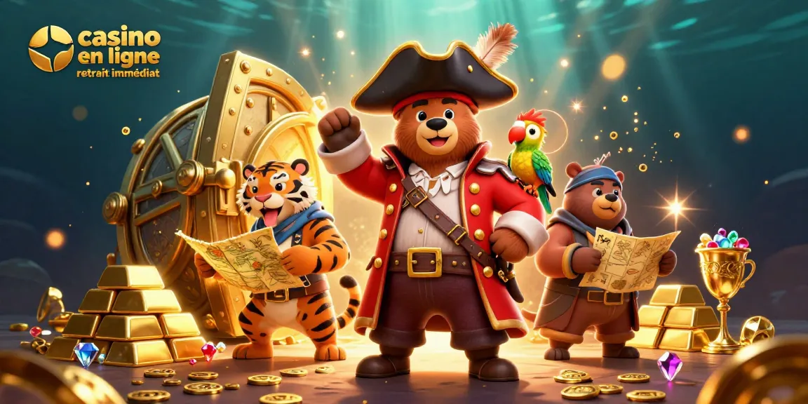 Le jeu à "casino en ligne retrait immédiat" avec des personnages de pirate et d'animaux, trésors et éclats de lumière.