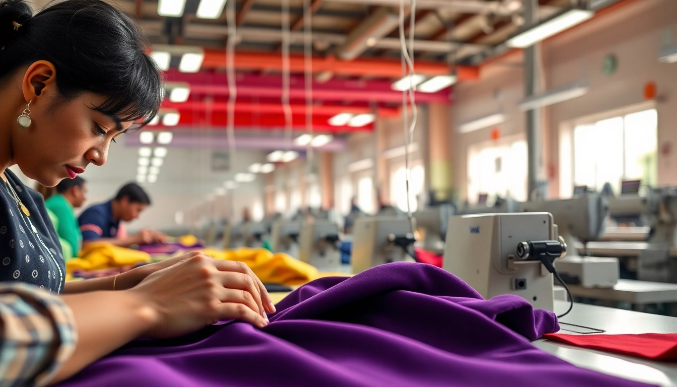 Dynamic scene featuring OEM clothing manufacturers skillfully producing garments in a bright factory.