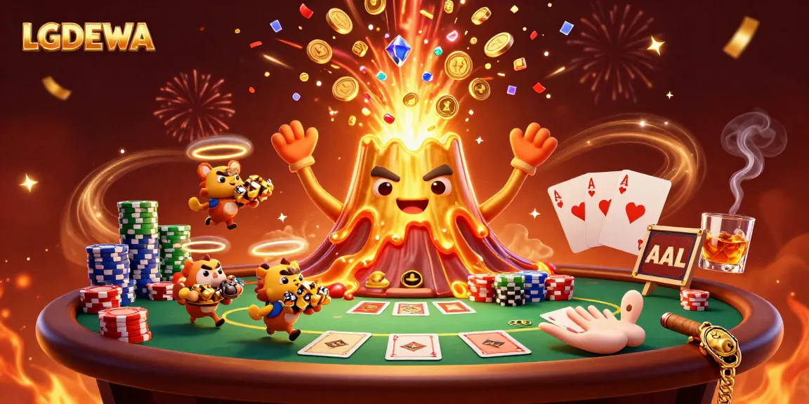 Engage with LGODEWA's thrilling slot gameplay featuring a volcano erupting coins and gems.