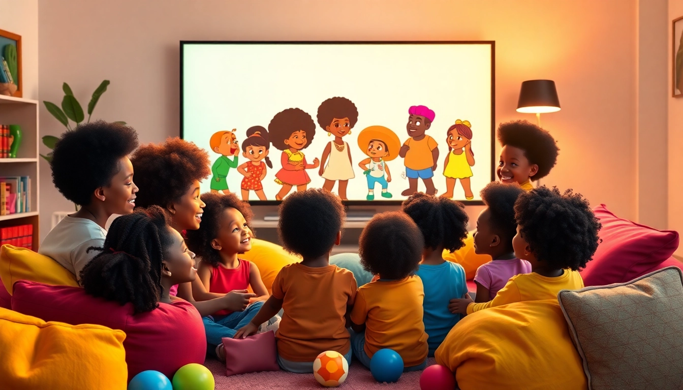 Diverse children enjoying African American Cartoons in a cozy, vibrant living room.