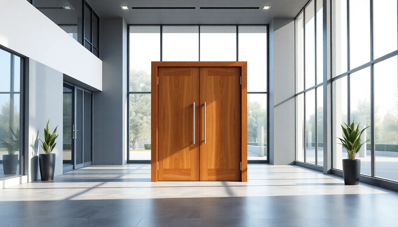 Elegant single leaf double swing door showcasing modern design in a bright entrance setting.