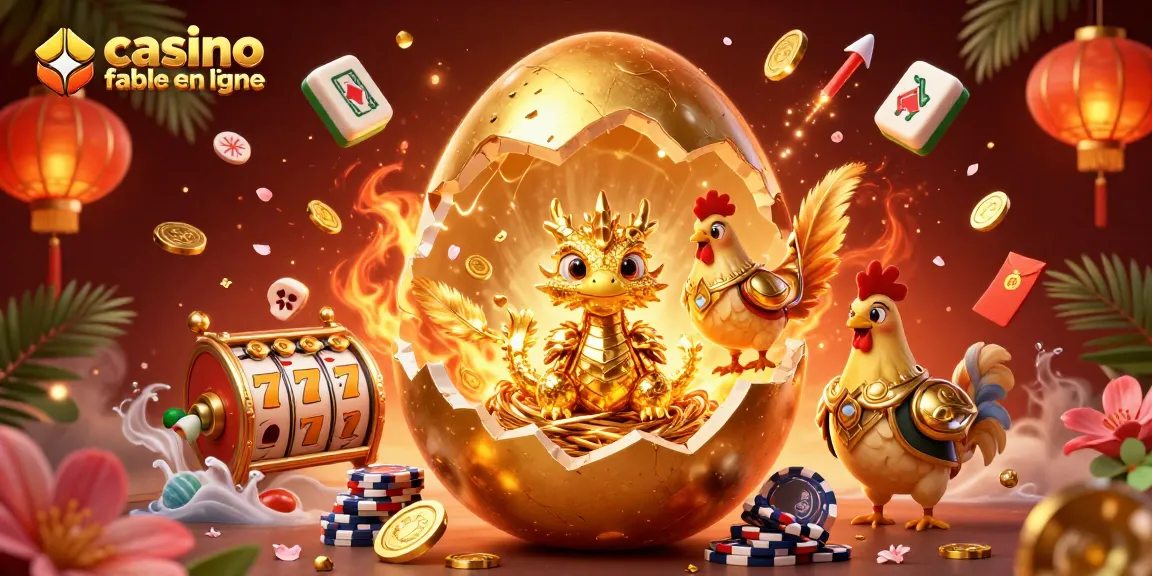 Explore une scène captivante illustrant "casino fiable en ligne" avec un dragon doré sur des jetons de poker et des éléments de jeu flottants.