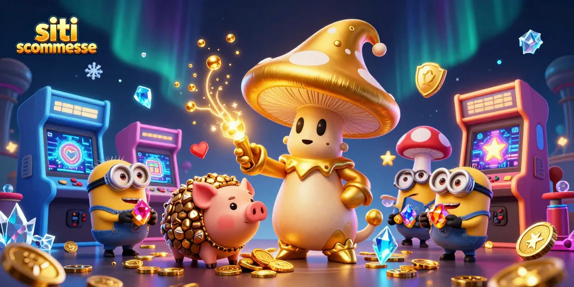 Visualizza i siti scommesse con un mago di funghi dorati e macchine arcade colorate.
