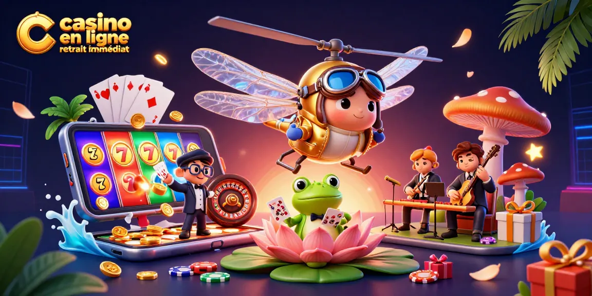 Visualisez le casino en ligne retrait immédiat avec un pilote de libellule et un croupier grenouille.