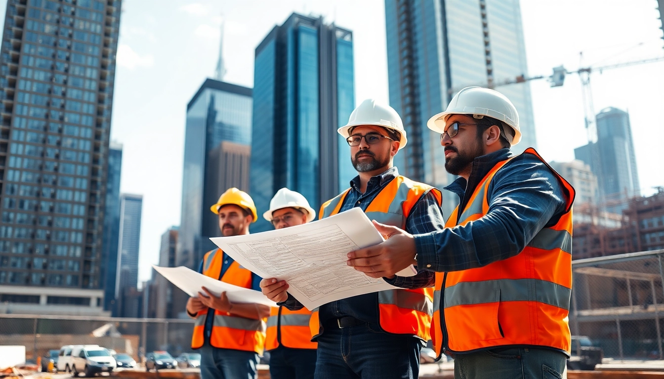 Manhattan General Contractor overseeing construction activities with workers and high-rise buildings.