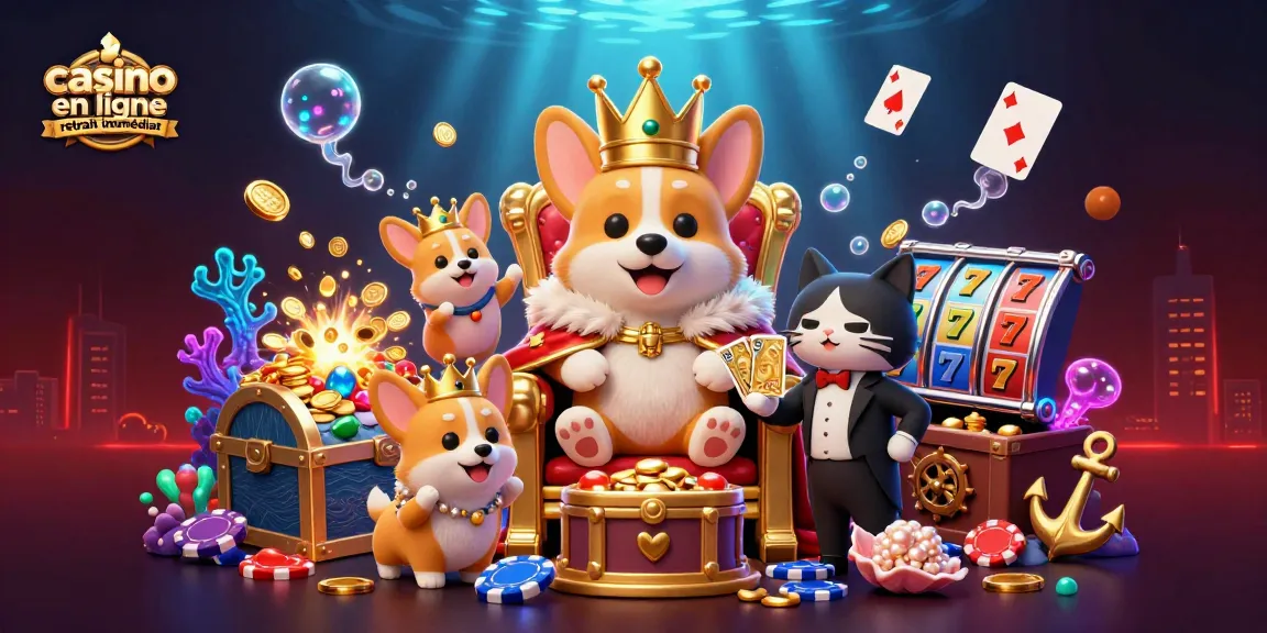 Visualisez casino en ligne retrait immédiat avec un corgi royal sur un trône de jetons entouré d'éléments de jeu.