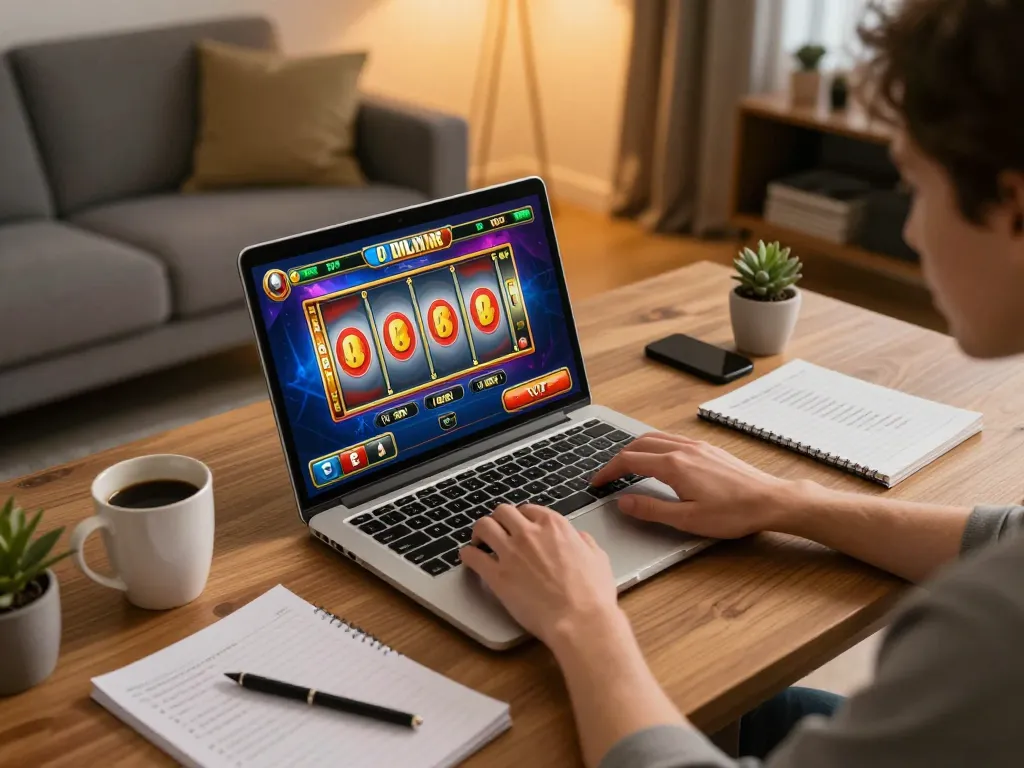 Playing slot online on a laptop with vibrant game interface and strategy notes at home