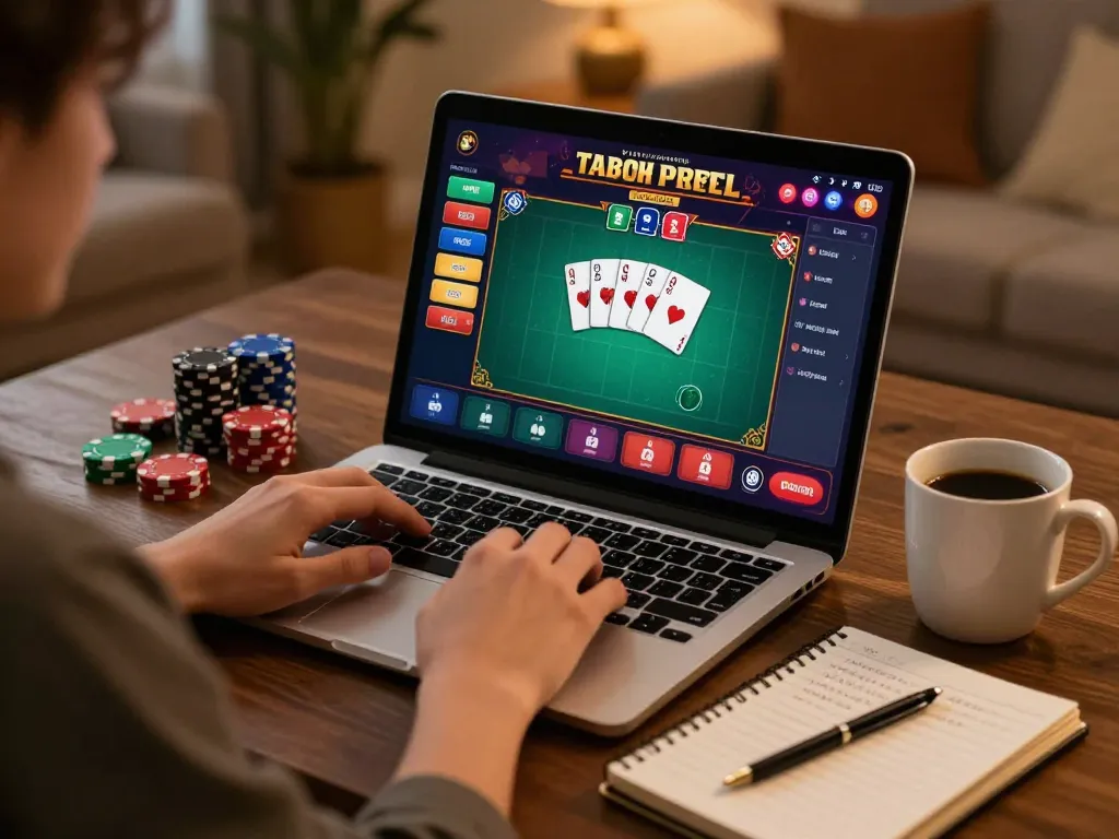 Player engaged in poker on 888top com, strategizing with chips and notes in a warm home setting