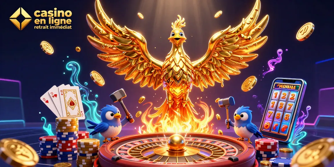 Plongez dans l'univers du casino en ligne retrait immédiat avec un phénix doré et des pièces scintillantes.