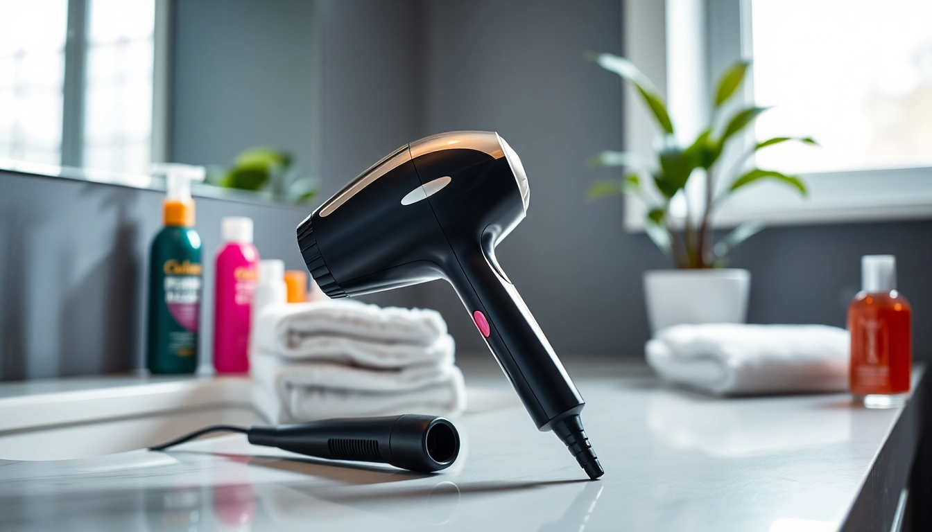 Ionic blow dryer on a sleek countertop showcasing stylish hair care products.
