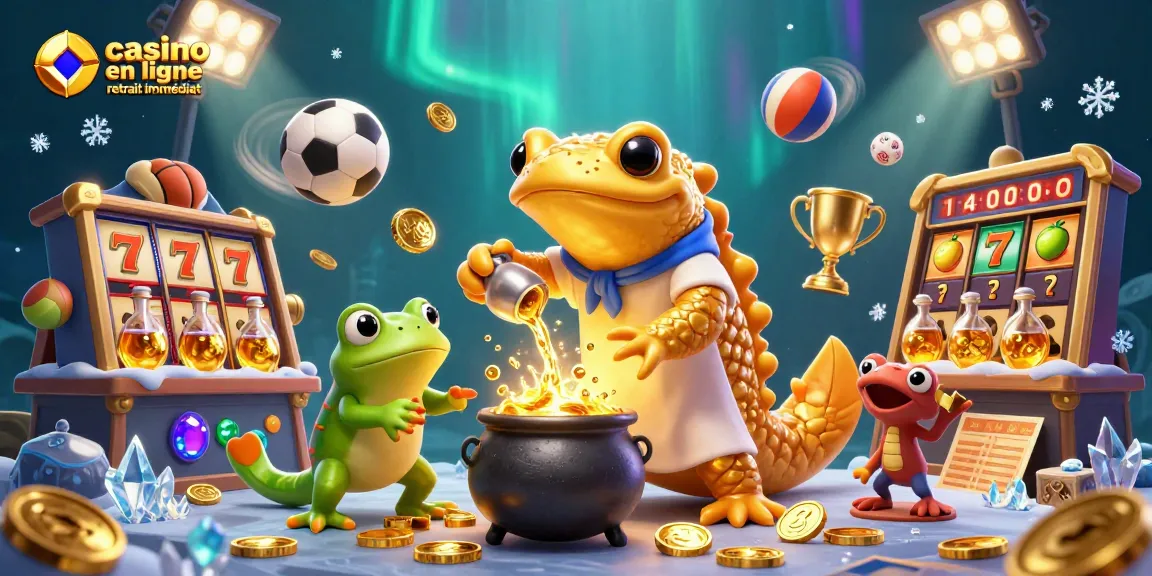 Illustration 3D d'un alchimiste salamandre dorée, symbolisant le casino en ligne retrait immédiat avec des symboles de jeux.