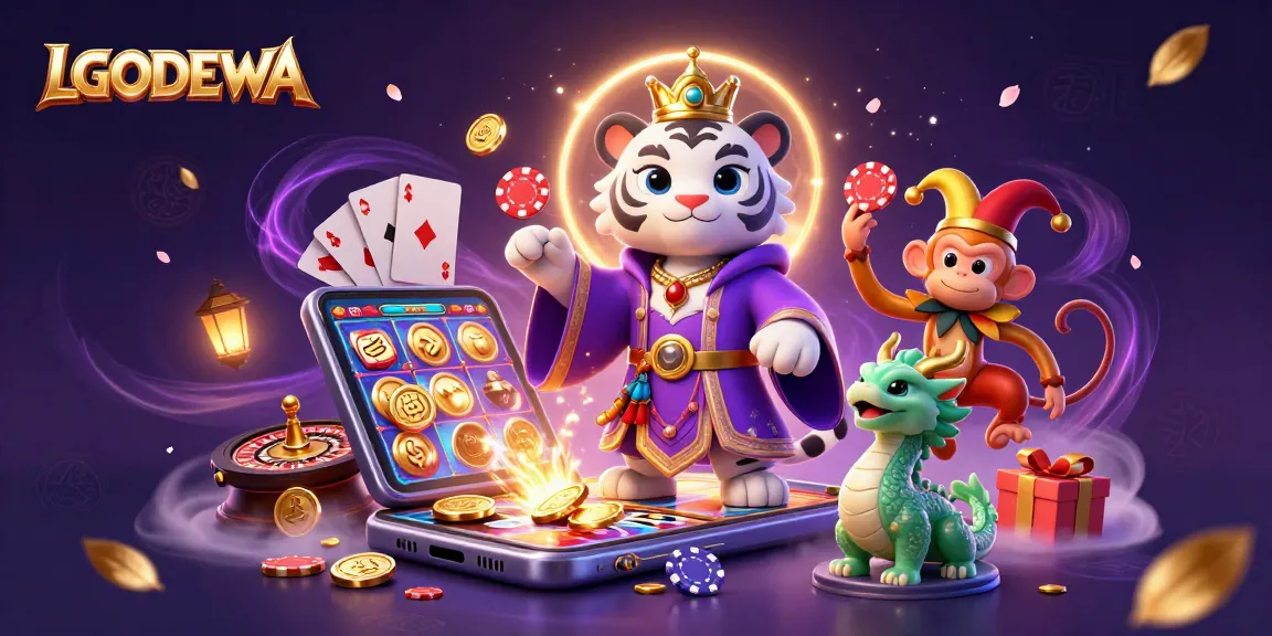 Engage with LGODEWA's vibrant casino atmosphere featuring a playful scene of a royal tiger, a juggling monkey, and game elements.