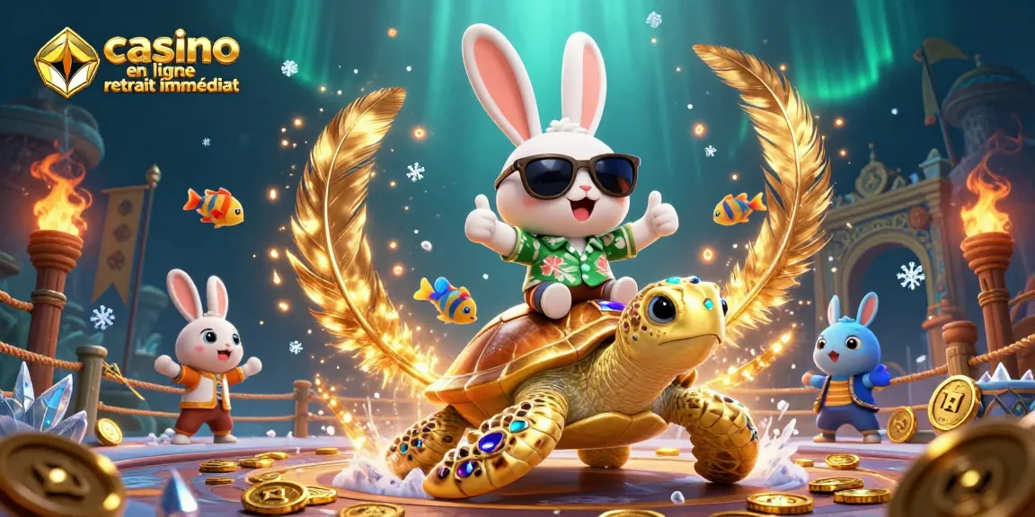 Image d'un adorable lapin chanceux en 3D sur une tortue géante, représentant le casino en ligne retrait immédiat avec des effets dynamiques.