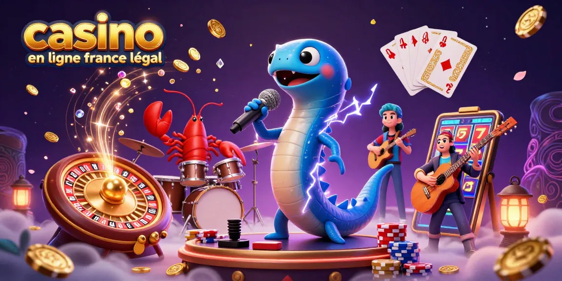 Illustration d'un casino en ligne france légal avec une anguille DJ, une batterie de homard et un guitariste hippocampe