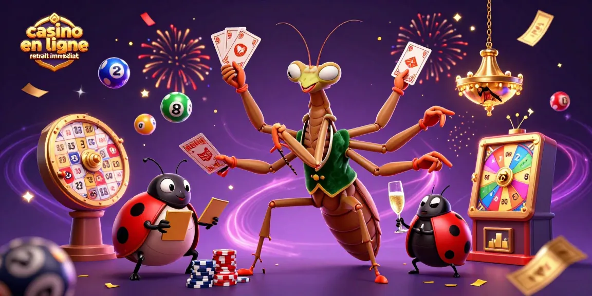 Illustration de casino en ligne retrait immédiat, où une mante religieuse et une coccinelle gèrent les jeux.