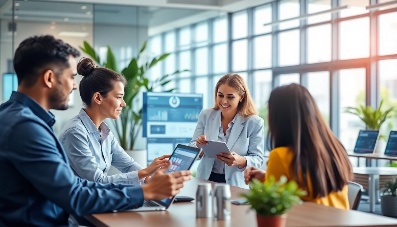Streamlined enterprise assistant software interface used by a diverse team in a modern office.