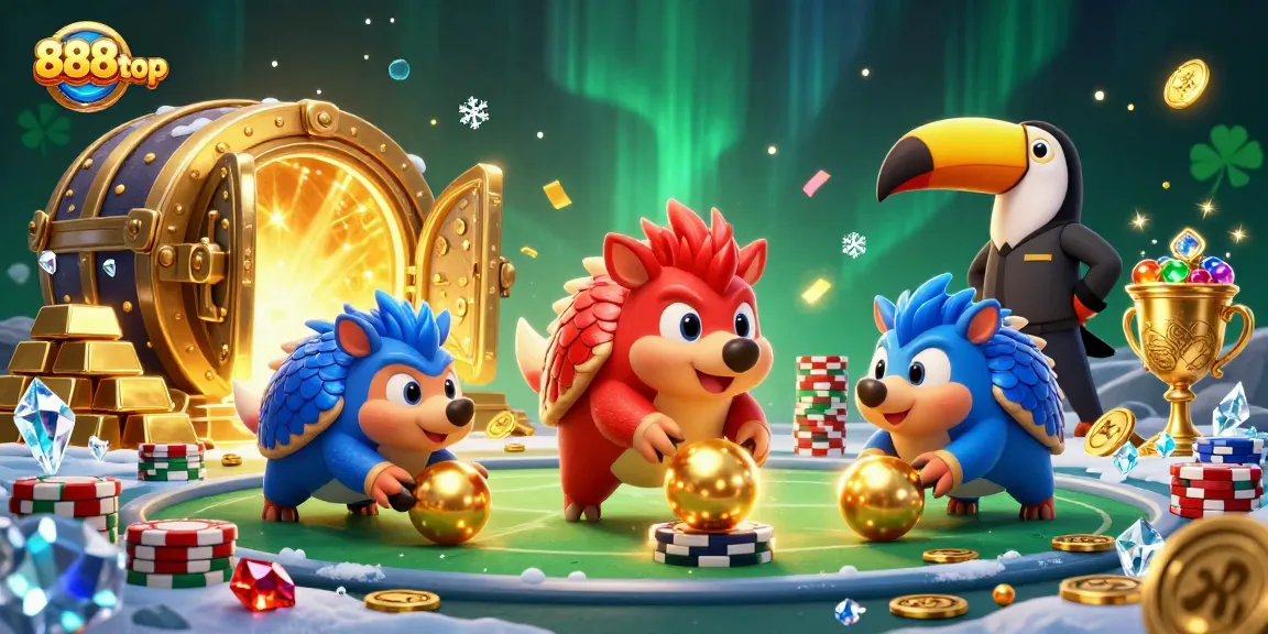 Experience thrilling wins at 888top with vibrant pangolins bowling through poker chips and golden treasures.
