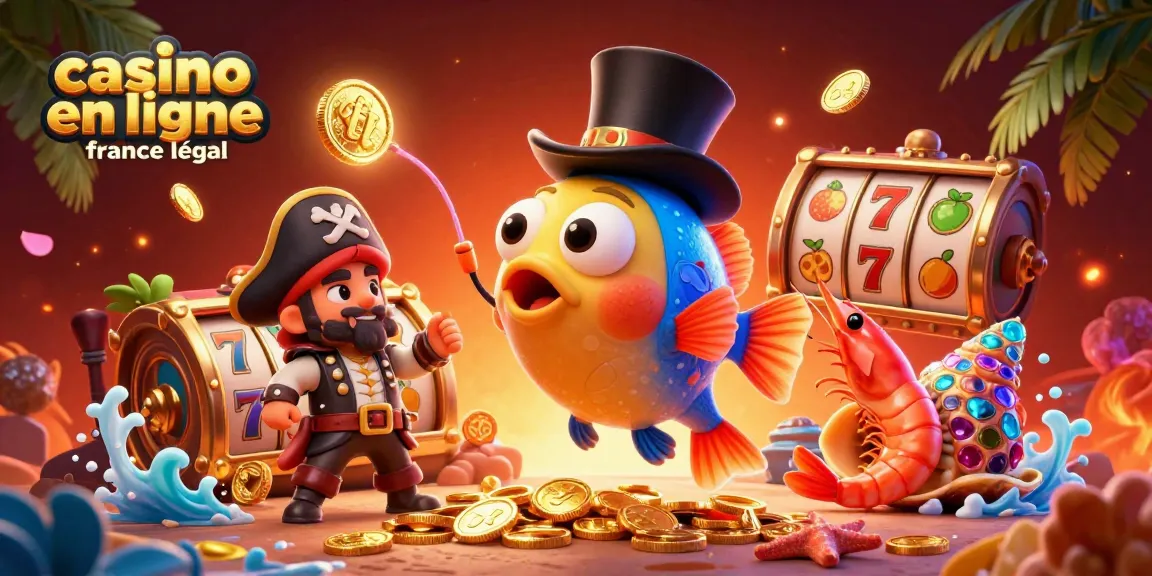 Illustration dynamique représentant des personnages de casino en ligne France légal attirant des pièces d'or, entourés d'éléments de jeu captivants.