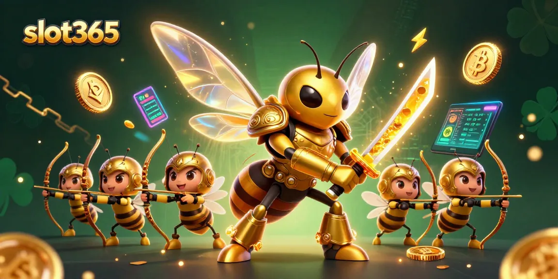 Experience the excitement of slot365 with a vibrant 3D illustration showcasing a golden hornet in samurai armor and crypto elements.