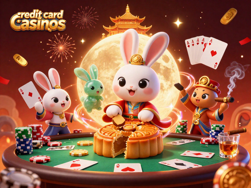 Experience the excitement of credit card casinos with playful imagery of poker chips and cards in a vibrant lunar scene.