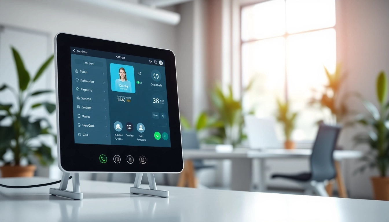 Showcase of a cloud based phone system interface in a modern office setting, emphasizing productivity and technology.