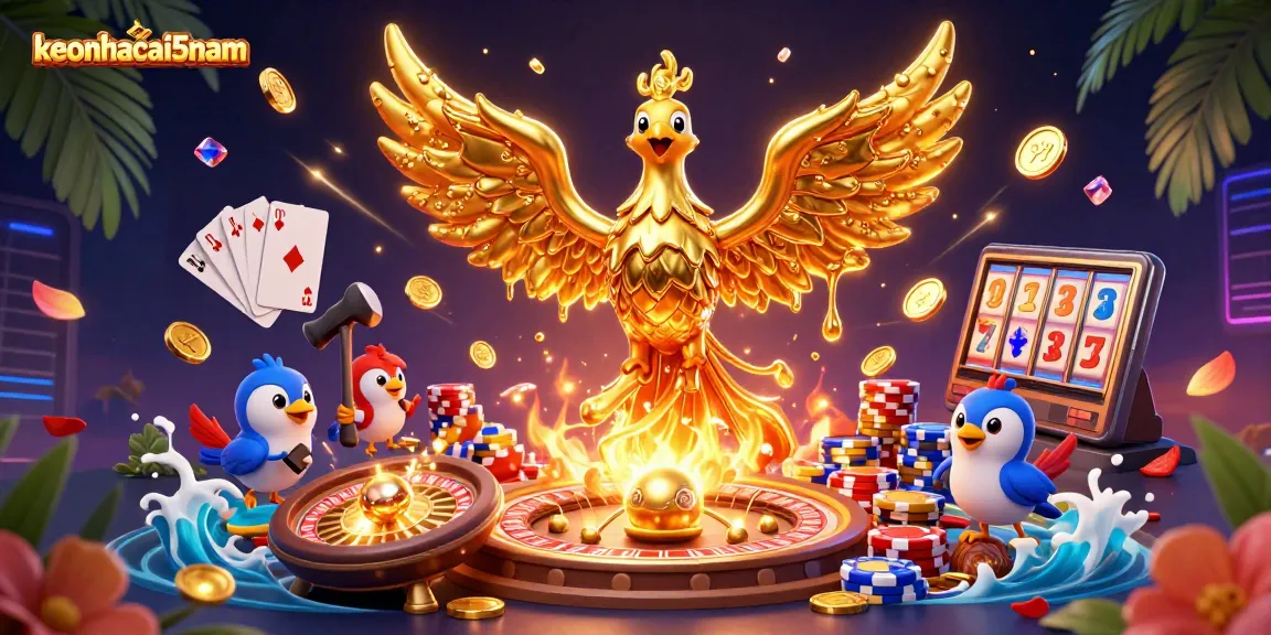 Experience keonhacai5nam with dynamic casino action featuring a molten golden phoenix and vibrant game elements.