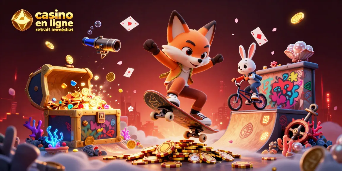 Jouer sur casino en ligne retrait immédiat avec un renard skateboard et un lapin BMX entourés de trésors sous-marins.