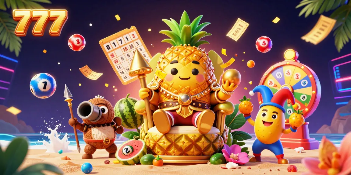 Engage with the excitement of 777 in this vibrant casino scene featuring colorful lottery elements and the golden pineapple king.
