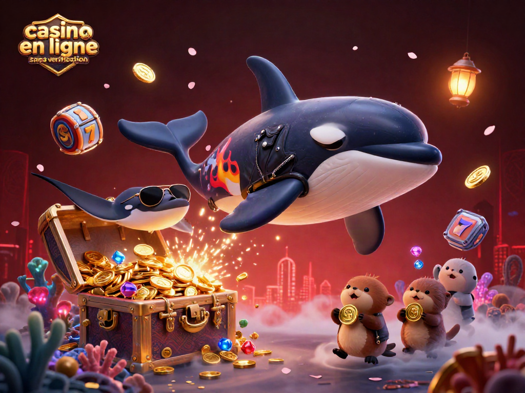 Jouez au casino en ligne sans vérification avec des gains d'argent, des otaries et un orque stylisé.