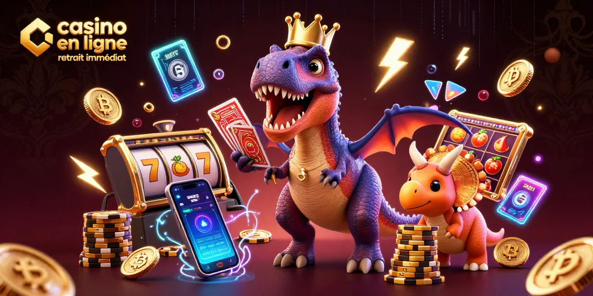 Illustration colorée de "casino en ligne retrait immédiat", T-Rex avec des cartes et un triceratops empilant des jetons dorés.