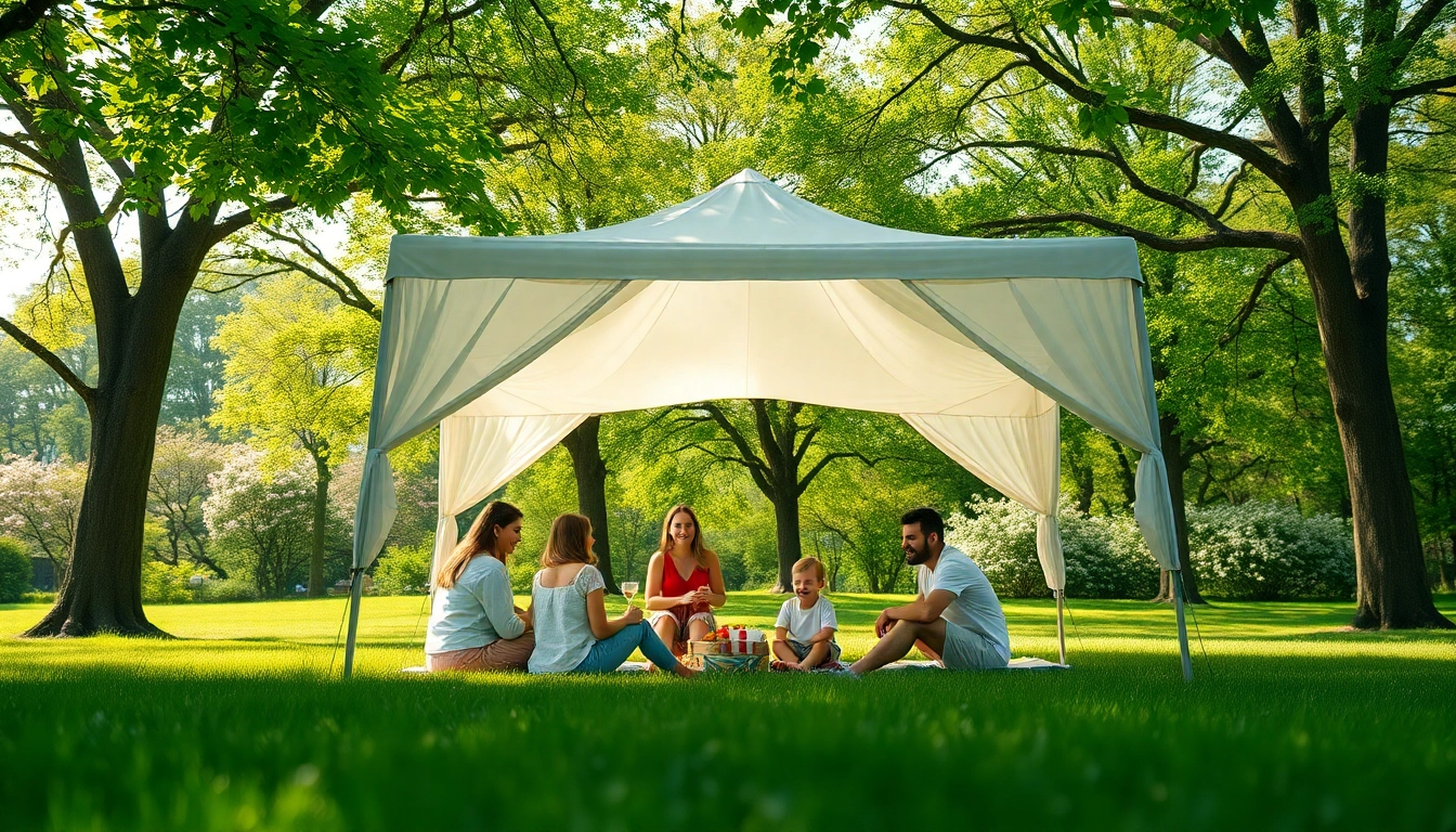 A family enjoys outdoor activities beneath a spacious canopy tent in a sunny park