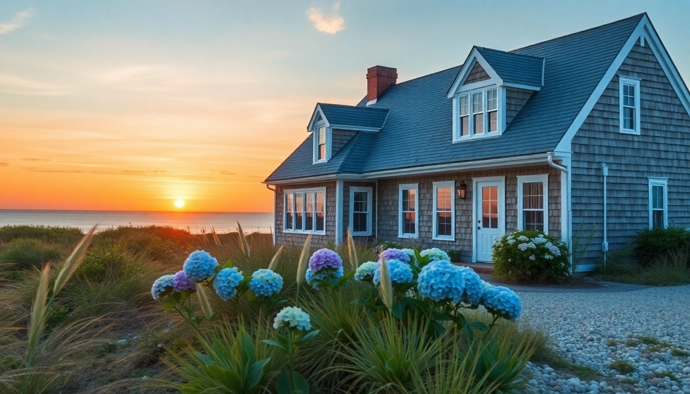 Beautiful cape cod home surrounded by coastal gardens and sunset lighting.