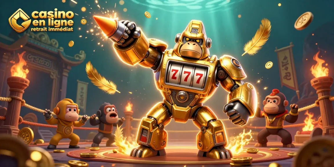 Visualisez un gorille transformé en or, illustrant le thème du casino en ligne retrait immédiat avec des pièces d'or explosant.