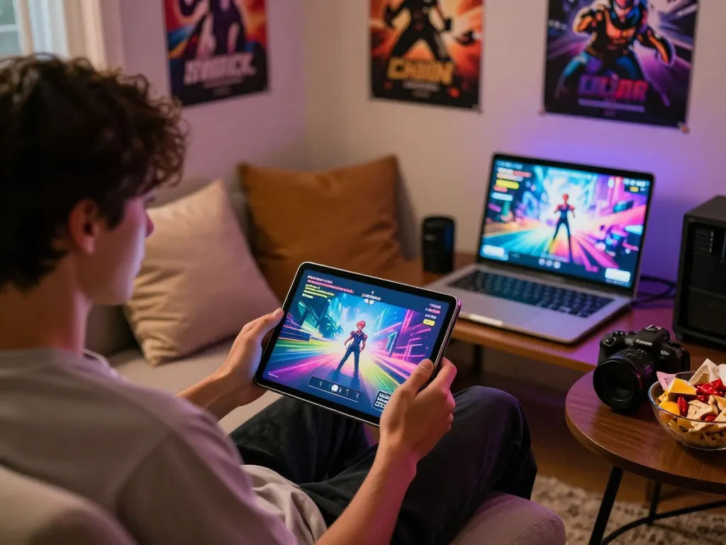 Enjoying a free porn game on a tablet in a cozy adult gaming setup.