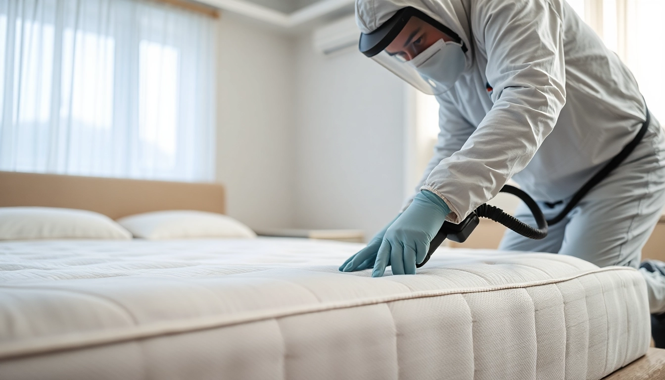 Engaging technician performing bed bug pest control efficiently in a clean bedroom.