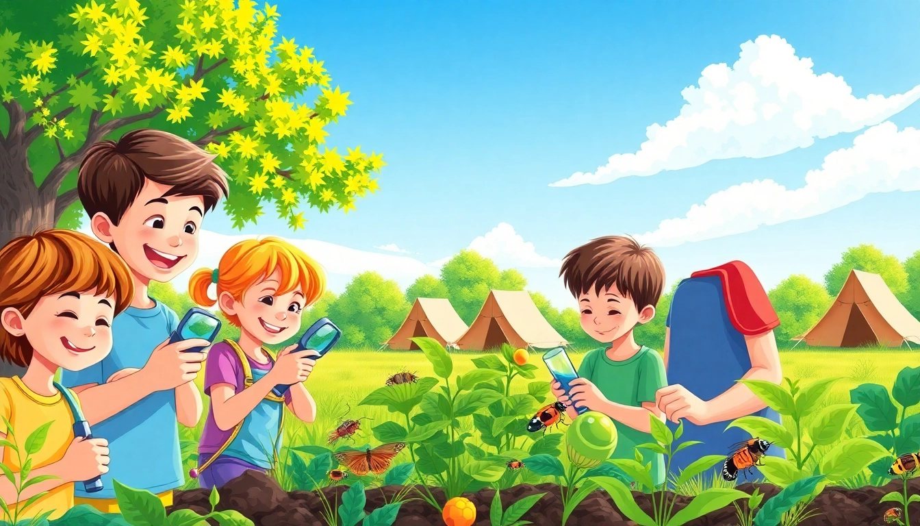 Children participating in a science and nature camp, exploring the outdoors with enthusiasm and curiosity.