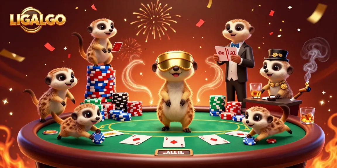 LIGALGO meerkats joyfully orchestrating a bustling casino scene with colorful poker chips and vibrant animations.